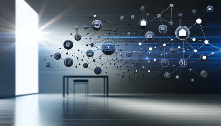 Illustration of interconnected content nodes, AI citation signals, and structured data icons
