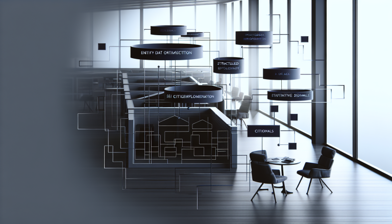 Diagram showing SEO architecture components: entity optimization, structured data, AI citation signals.
