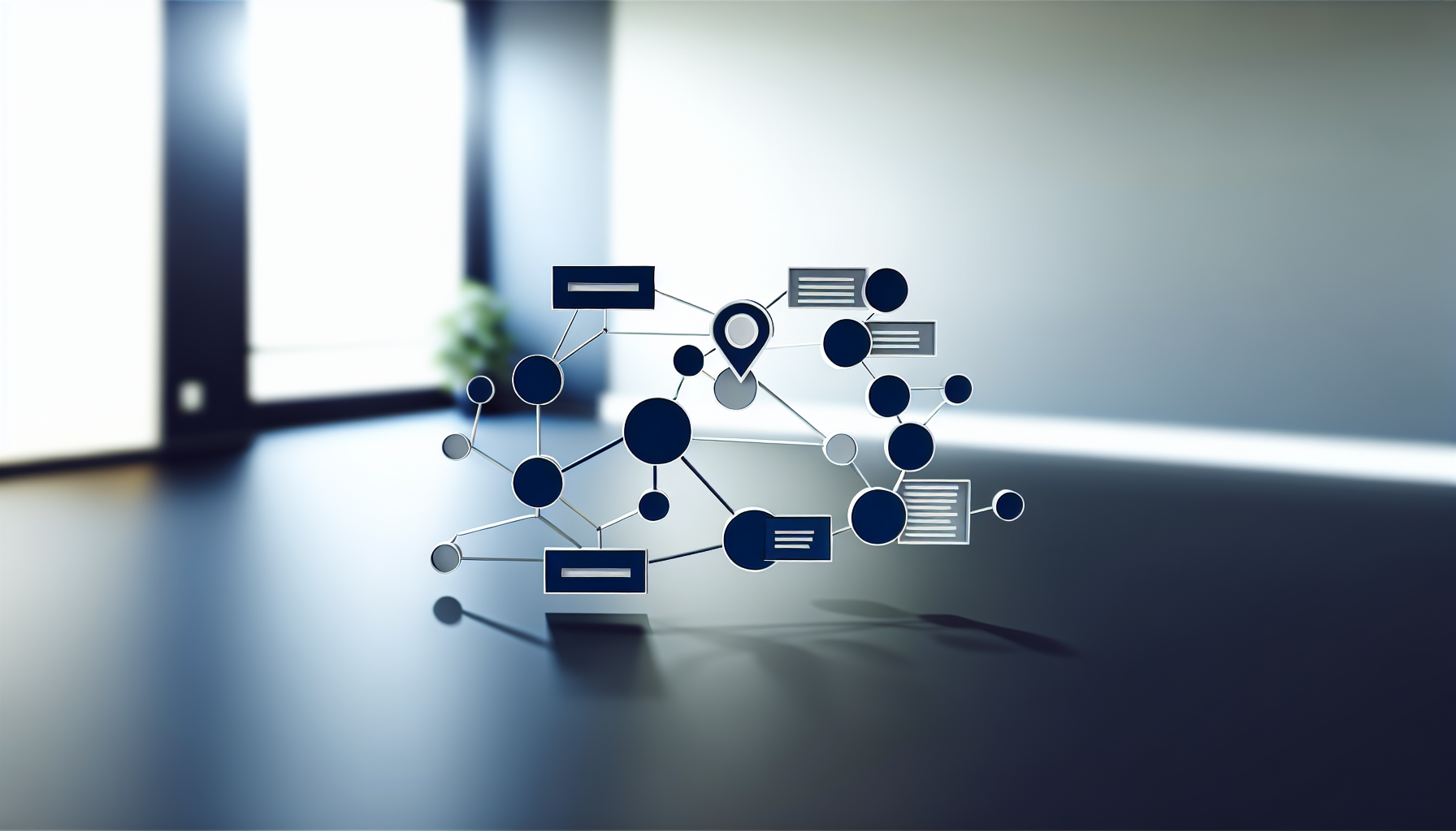 Illustration of SEO elements connected to an AI-powered search icon.