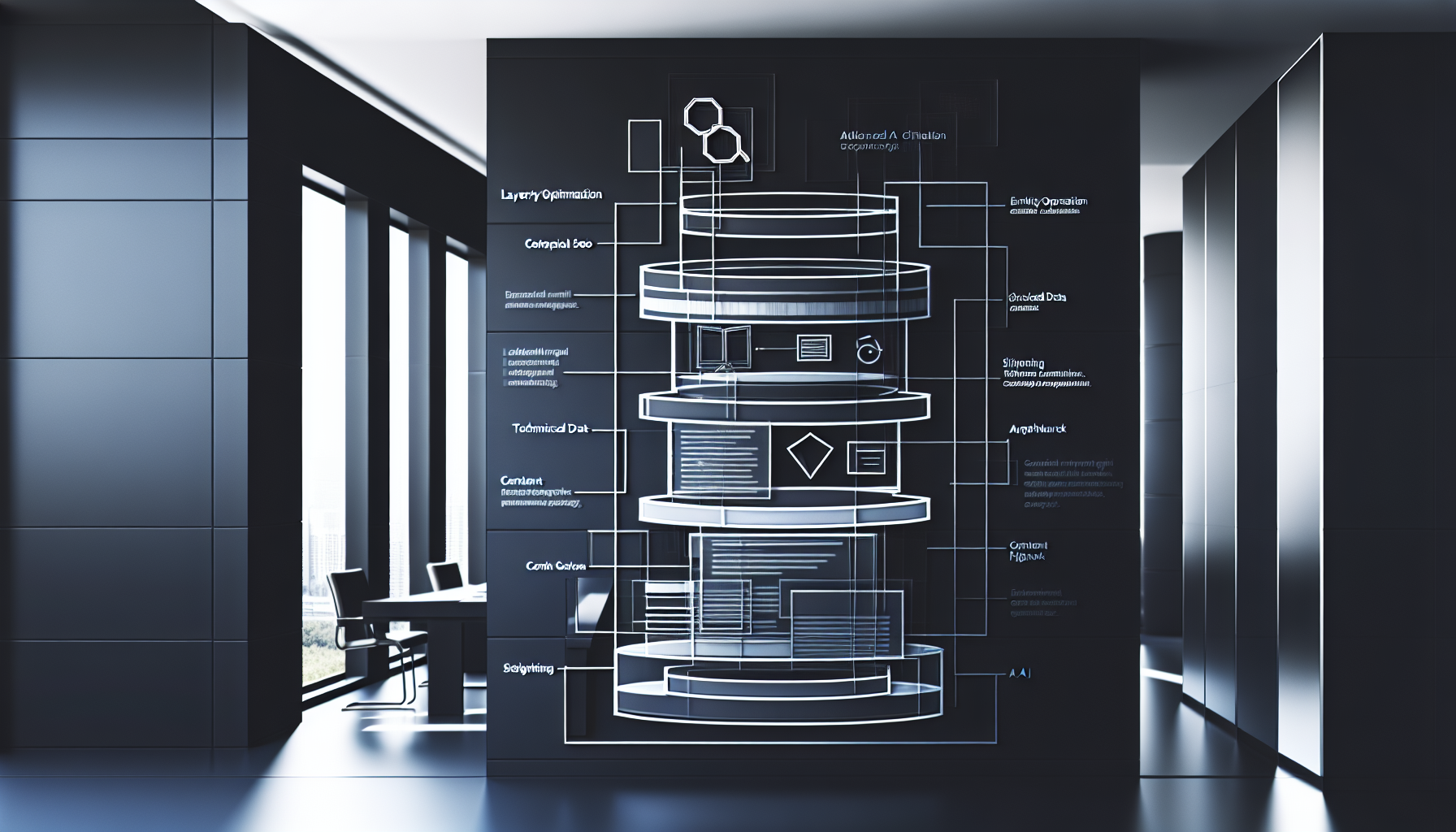Layered SEO architecture diagram showing AI, entities, structured data, and technical SEO.