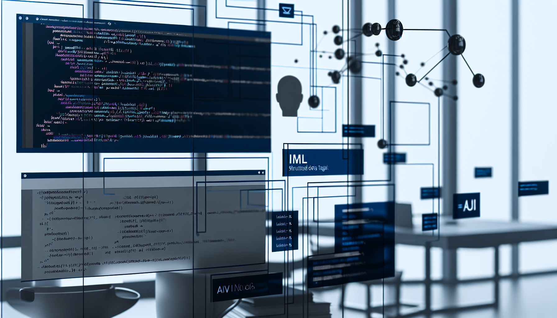 HTML code snippet with JSON-LD structured data highlighted and AI network graphics